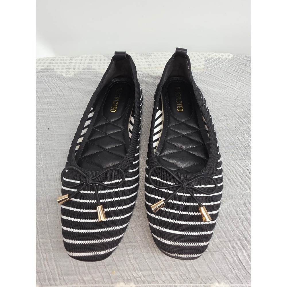 Restricted Black White Striped Knit Ballet Flats Gold Bow Accent Size 8.5